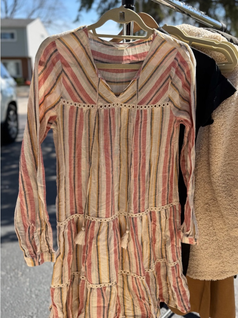Caslon Striped Boho Tassel Tiered Dress - Pink, Cream & Mustard